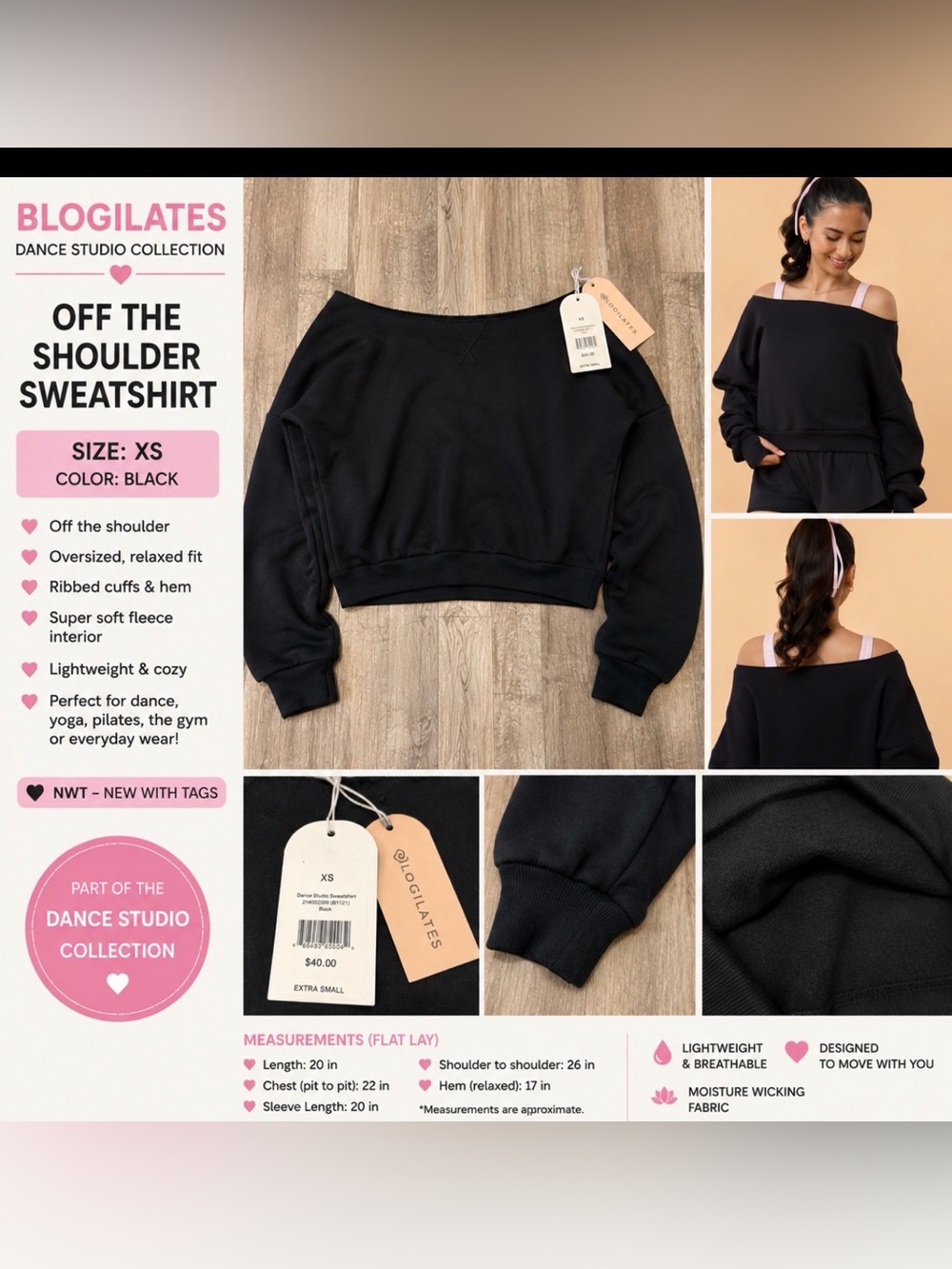 NWT Blogilates Dance Studio Sweatshirt – Black – XS – Off Shoulder oversized